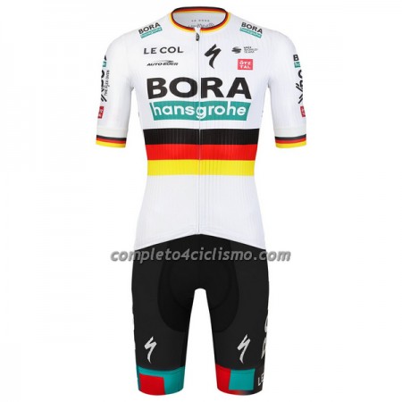 Completo Maglia + Pantaloncino con bretelle 2023 BORA-Hansgrohe Campione Di Germania Manica Corta Bianco